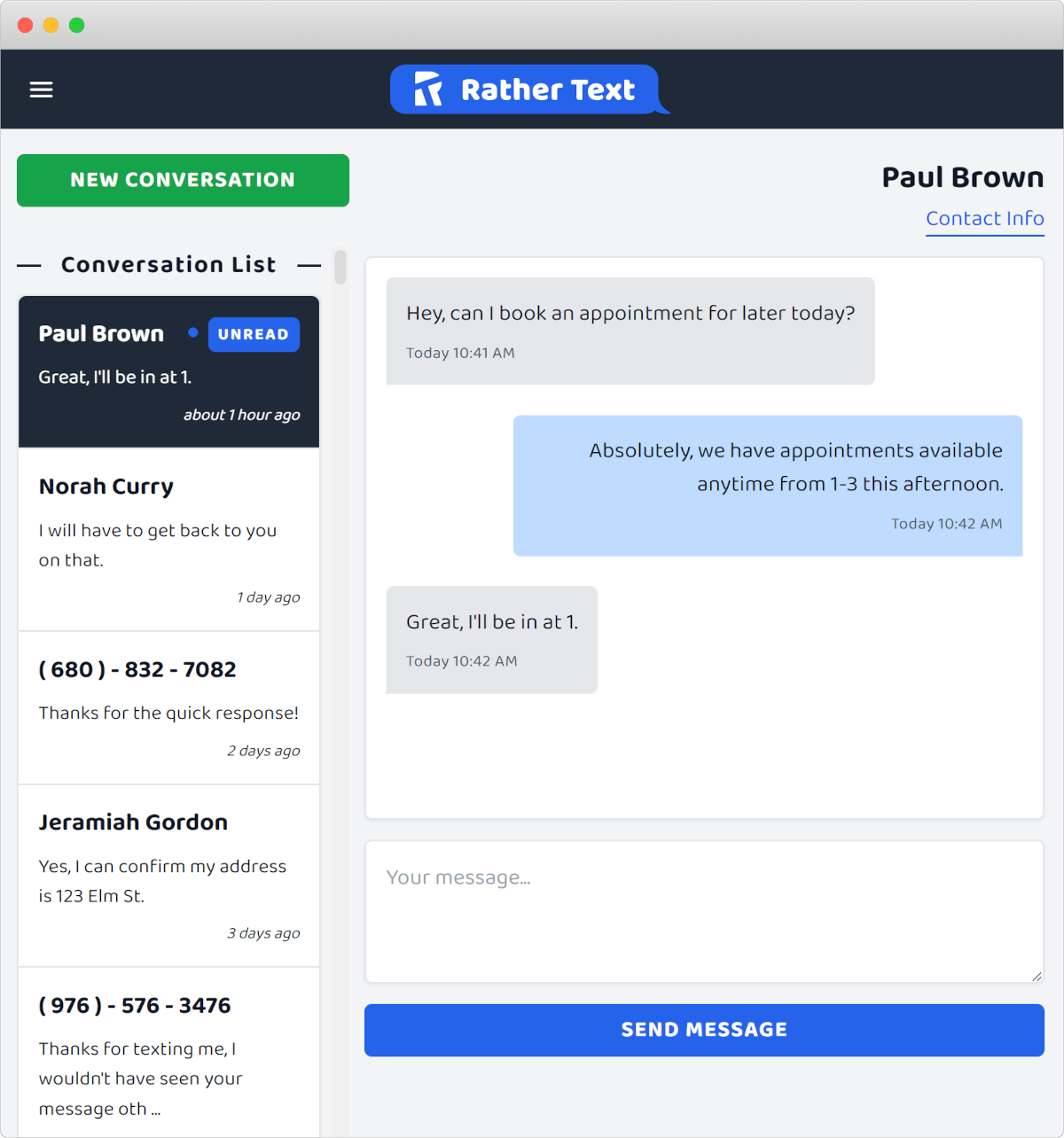 Screen shot of Rather Text conversation page, showing an interaction with a customer trying to book an appointment.